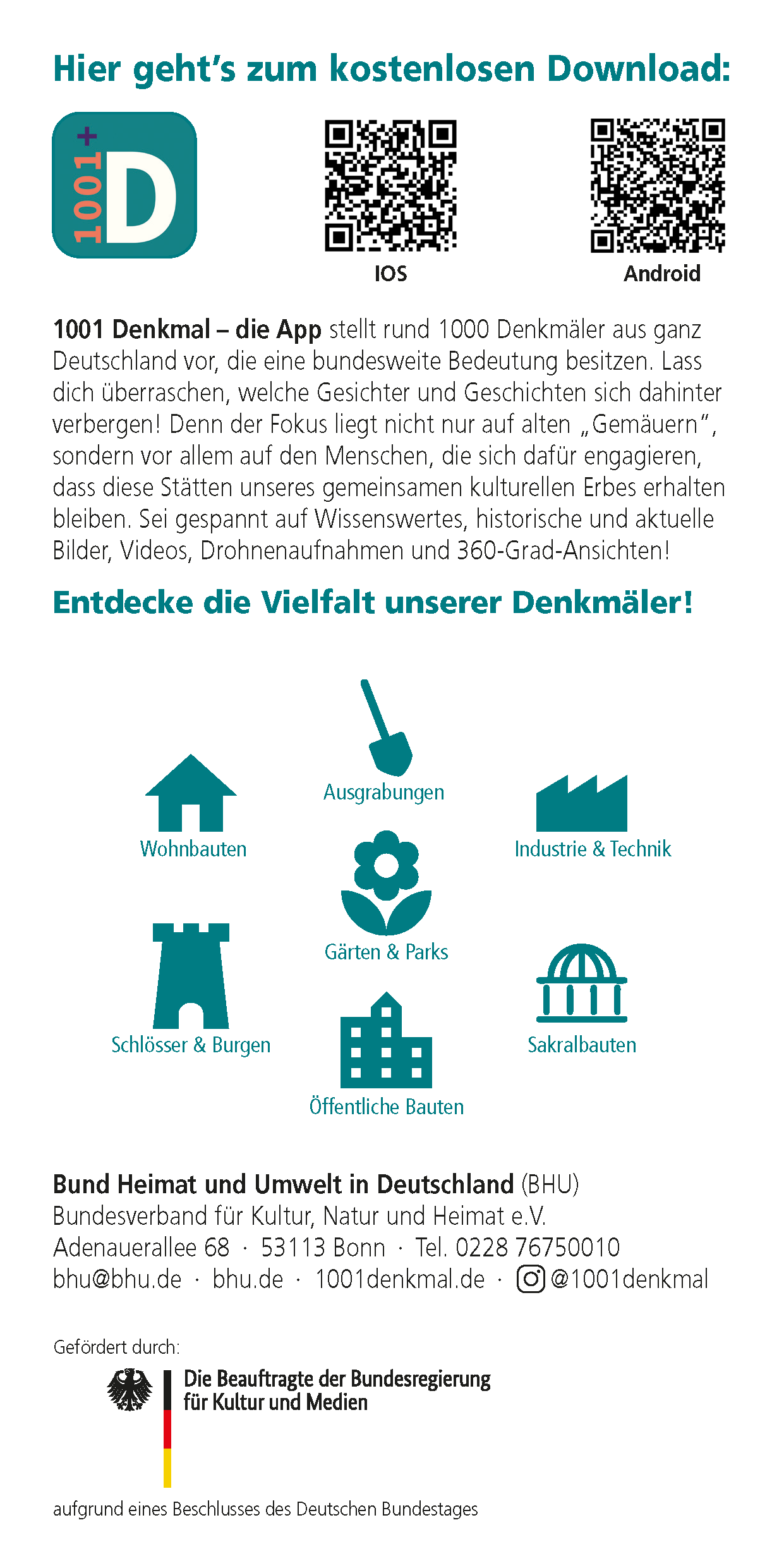 1001 Denkmal – die App. Gemäuer · Geschichten · Gesichter (Werbe-Karte)
